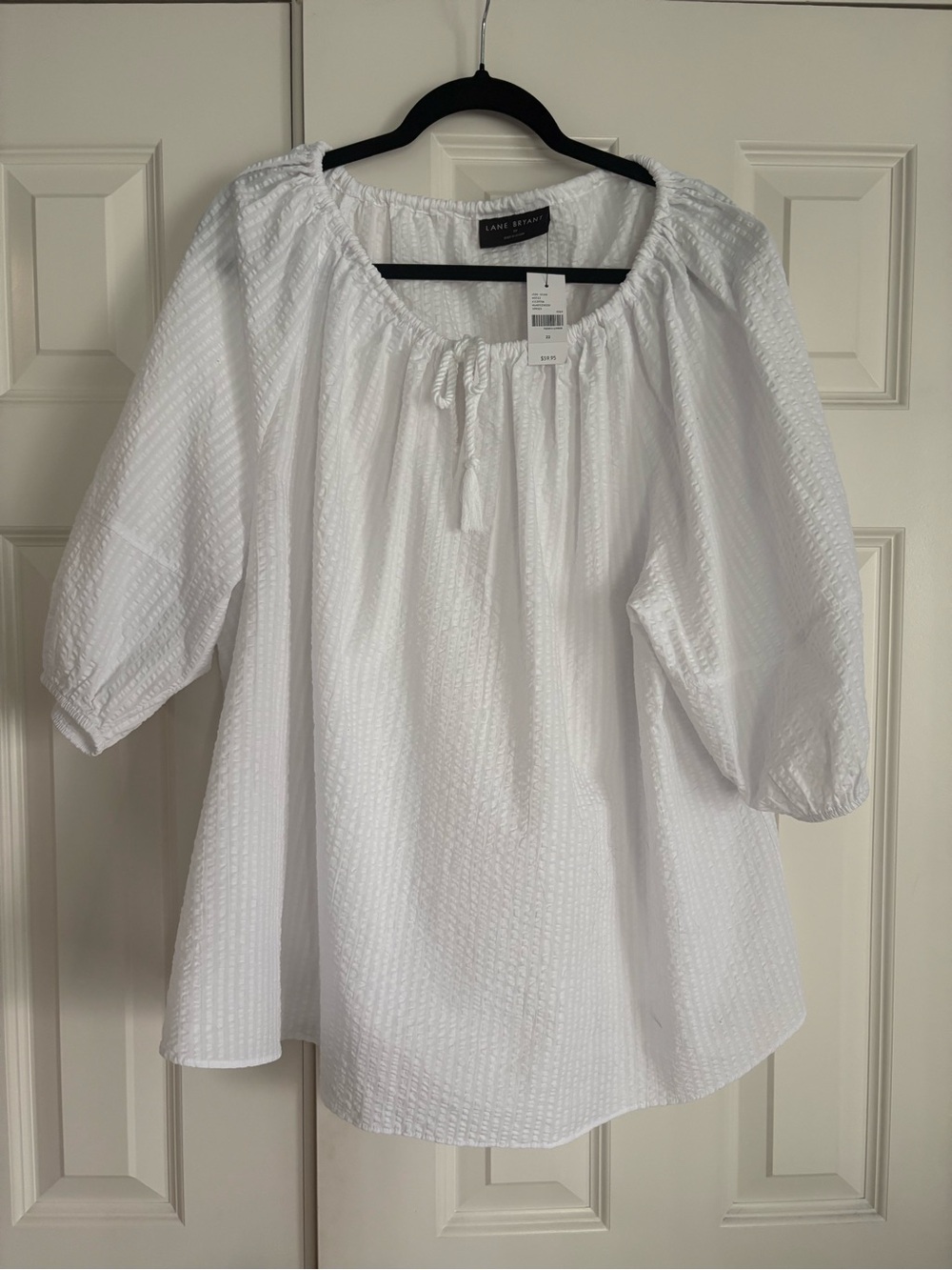 Lane Bryant White Textured Peasant Blouse with Tassel Tie